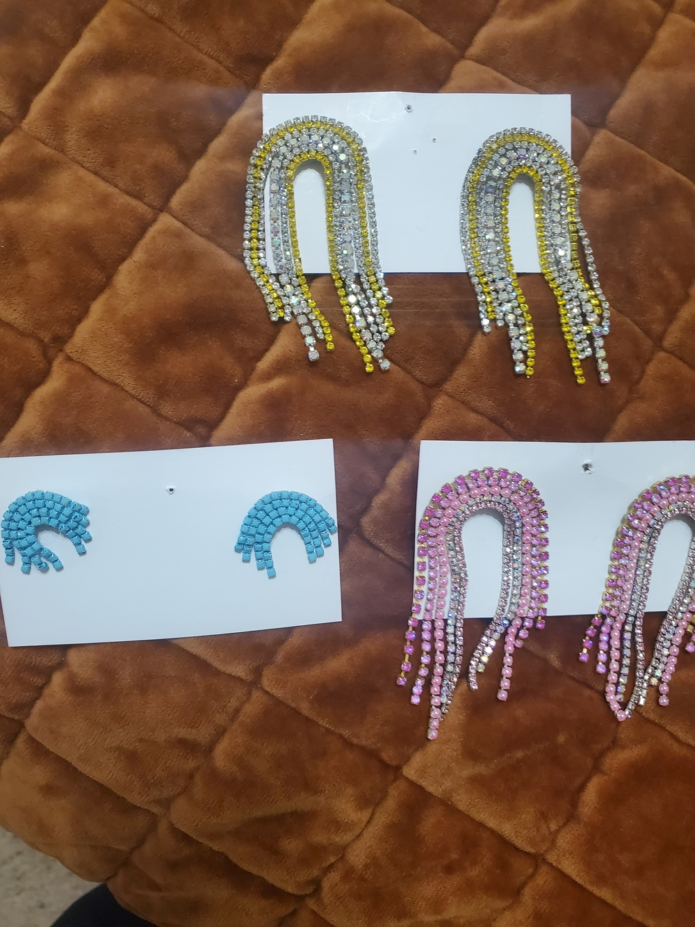 3 Sets Of Rhinestone Fringe Earrings - Yellow, Turquoise, And Pink